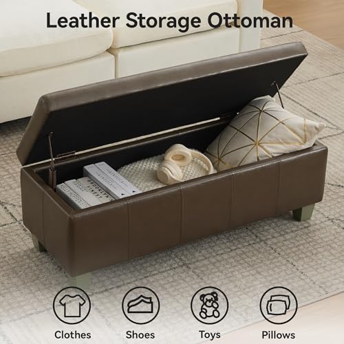WUTUTUEE 41" Faux Leather Storage Ottoman, Stitch Tufted Rectangle Upholstered End of Bed Storage Bench, Entryway Large Couch Ottoman with Wooden Legs, Coffee - color: Coffee, size: 41 Inch