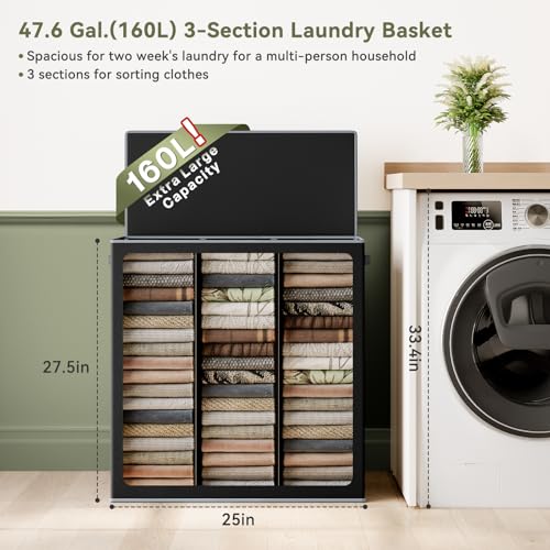 SOLEDI 160L Laundry Hamper 3 Section, Extra Large Laundry Hamper with Lid, Dirty Clothes Hamper with Sturdy Handle, Large Laundry Basket Organizer for Laundry Room, Bedroom, Hampers for Laundry - color: Black, size: 160L