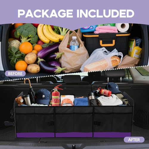Trunk Organizer for Car, Sturdy Storage Organization with Non-Slip Bottom Strips, 95L Large Capacity Cargo Organizer for Suv, Truck, Sedan, Waterproof Portable Car Organizers for Women Men(Purple) - color: Purple