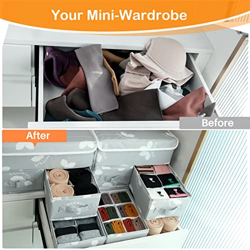 EASEVE 2 Pack Sock Underwear Drawer Organizer Divider - Closet Organizers and Storage Dresser Organizer Wardrobe Clothes Box Storage Bins with Lid for Bra, Socks, Leggings, Shirt, Panty (Grey) - size: 2 Pack