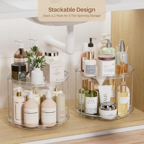 LAMU 2Pack 2 Tier Lazy Susan Organizer 12 inch Large Lazy Susan Turntable Rotating Spice Rack Organization for Cabinet, Kitchen, Pantry, Countertop, Bathroom, Vanity, Medicine Cabinet Organizer, Clear - color: Clear, size: 12in 2Pack Low Edge