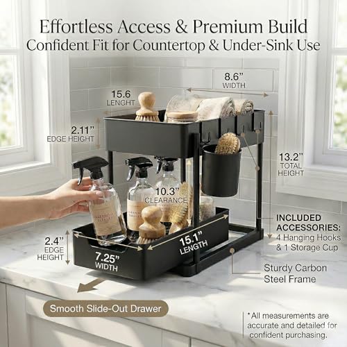 Under Sink Organizer – 2 Tier Sliding cabinet organizer with 4 Hooks & 1 Cup | Multi-Purpose Space Saving Shelf for under kitchen sink storage, Countertop, Bathroom, Pantry & Office Organization