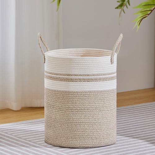VIPOSCO Large Laundry Hamper, Tall Woven Rope Storage Basket for Blanket, Toys, Dirty Clothes in Living Room, Bathroom, Bedroom - 53L Brown & White - color: Brown & White, size: 53L