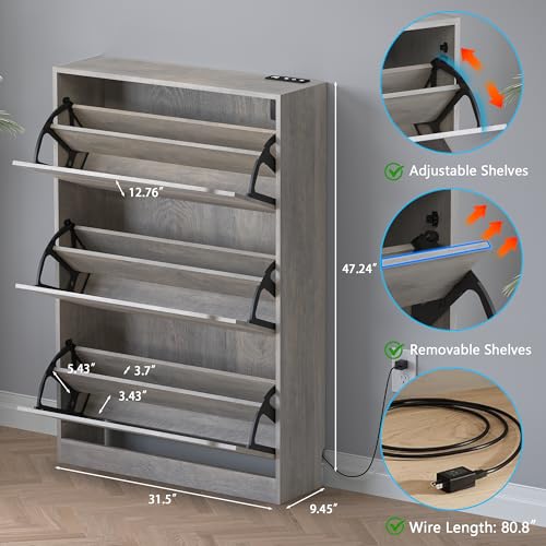 BORNOON Shoe Cabinet with Odor Control and Back Panels, Deodorizing Slim 3-Flip Shoe Storage Cabinet for Entryway, Freestanding Hidden Shoe Rack Organizer for Entrance, Hallway, Bedroom - color: Grey, size: Deodorizing 3-Flip