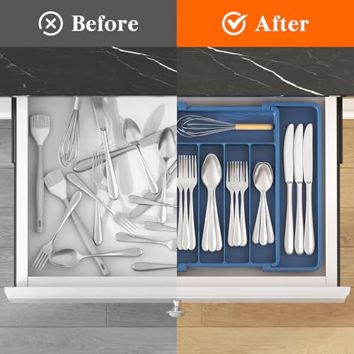 Lifewit Silverware Drawer Organizer, Expandable Utensil Tray for Kitchen, BPA Free Flatware and Cutlery Holder, Adjustable Plastic Storage for Spoons Forks Knives, 8.5"-14.1" x 12.1", Dark Blue - color: Dark Blue, size: Medium (8.5-14''W x 12''D)