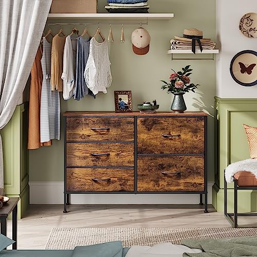 WLIVE Dresser for Bedroom with 5 Drawers, Wide Chest of Drawers for Bedroom, Fabric Dresser for Living Room, Closet, Hallway, Rustic Brown Wood Grain Print - color: Rustic Brown Wood Grain Print