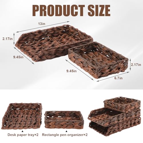 Geelin 3 Pack Water Hyacinth Woven Stackable Desk Organizer Letter Tray, Brown Tabletop Desk Basket for Storage Paper Letter Folders Notebooks Copy Print, Workspace Holder - color: Brown