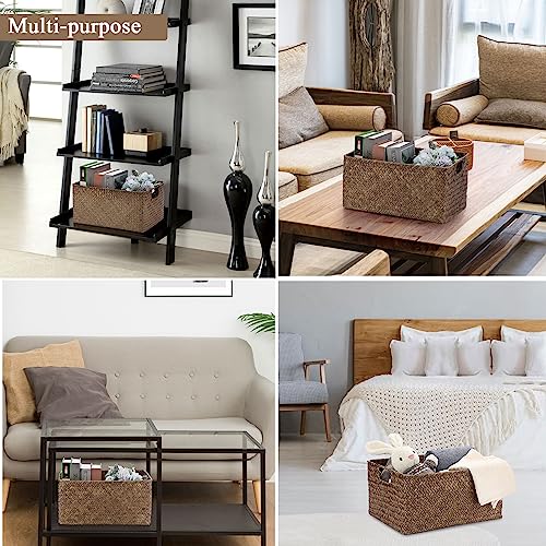 Hipiwe Seagrass Storage Baskets Bin for Shelf Organizing Rectangular Wicker Basket with Handle Handwoven Opened Baskets Bin Decorative Basket Box for Closet Bedroom Organizer - color: Coffee, size: Medium,13.4"x9.4"x 6.7"