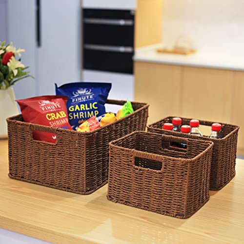 HOONEX Large Woven Baskets for Storage, Paper Rope Baskets with Sturdy Metal Wire Frame, Baskets for Shelves, Set of 3, Dark Brown - color: Dark Brown, size: 17"D x 12.2"W x 7.5"H