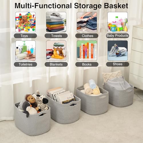 ICERZCZ Storage Baskets for Organizing & Shelves, Woven Cotton Rope Organization Bins for Dog Toys, Clothes, Books, Nursery Organizer, 15" Lx11 Wx9.5 H, (4 Packs) Grey - color: Grey, size: 15"(L)×11"(W)×9.5"(H)