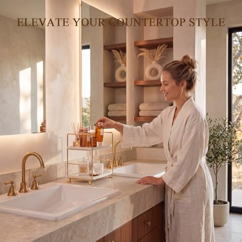 FSyueyun 2-Tier Bathroom Counter Organizer, Tool-Less Vanity Organizer for Skincare, Premium Plastic Bathroom Organizer Tray for Perfume & Cosmetics, （White & Gold） - color: Gold