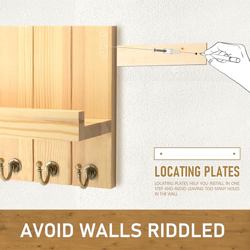 Rebee Vision Pine Wood Key Holder Wall Mount with 5 Hooks and Shelf – Farmhouse Key Holder for Wall for Entryway Organization – Perfect for Mail & Letters (Orginal Wood,3.54" x 10" x 7.28") - color: Original Wood, size: 10 Inch