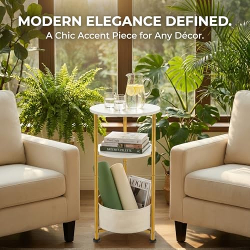 Small Round Side Table with Storage Basket, 3-Tier Narrow End Table Nightstand for Living Room Bedroom, 11.8" Diameter Modern Bedside Table for Small Spaces, Wood Grain & Metal Frame (White & Gold) - color: White & Gold