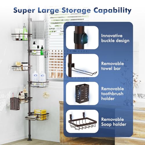 Vatex Corner Shower Caddy Tension Pole,Adjustable 30-120 Inch Bathroom Organizer Storage,Rustproof 6-Tier Shower Corner Shelves,Towel Rack, Toothbrush Holder, Soap Dish Organizers - color: Bronze