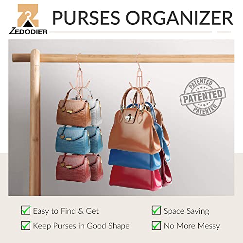 ZEDODIER 2 Pack Purse Organizer for Closet, Heavy-Duty Hanging Purse Hanger Closet Holds Up to 12 Purses, Metal Rotating Space Saving Bag Holder Handbag Storage Hook Backpack Rack, Rose Gold - color: Rose Gold, size: 2 Pack