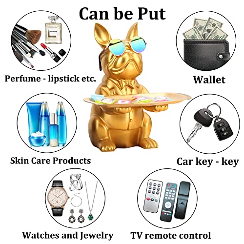 QIANLING Modern Decor Resin Gold Bulldog Tray Statue Tray Storage Key Holder Candy Jewelry Earrings Tray Suitable for Home Decor Modern Art Dining Table Decor Office Small Object Tray (Golden Yellow) - color: Gold