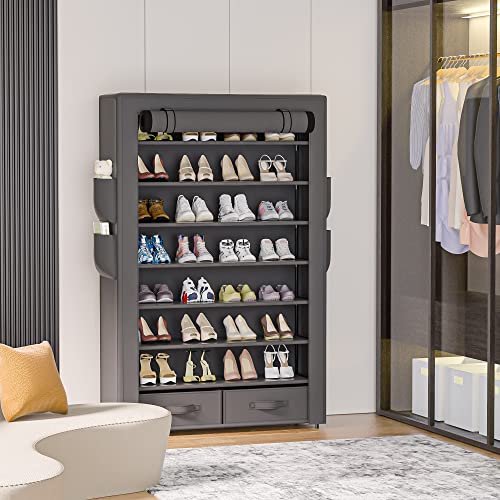 OYREL Shoe Rack Storage Cabinet 32 Pairs Organizer Shelf Tall for Shoes Large Free Standing Racks Vertical Shoe Holder Stand with Cover Two Boxes Closet - size: 8Tier with 2bins Grey
