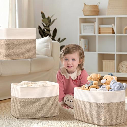 3 Pack Cube Storage Bin, 17”x12”x12” Cotton Rope Woven Baskets for Organizing Toys Clothes Towels, Square Gift Storage Baskets for Shelves, Nursery, Closet, Bathroom, Pantry (White & Jute) - color: White & Jute, size: 17" x 12" x 12"