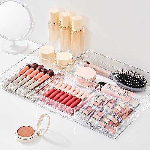 SMARTAKE 6 PCS Clear Plastic Drawer Organizers Set, Large Size Non-Slip Desk Drawer Organizer, 2-Size Versatile Bathroom and Vanity Drawer Organizer Trays for Makeup, Bedroom, Office, Kitchen Utensils - style: 3 Pcs12" x 6" x 2" + 3 Pcs 6" x 6" x 2"