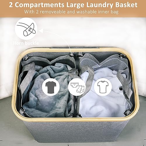 iEGrow 150L Laundry Hamper with Lid-Large Laundry Basket with Bamboo Handles, Grey Hampers for Laundry, Dirty Clothes Hamper with 2 Removable Inner Bags for Clothes Toys Towels - color: Grey, size: 150L
