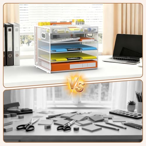 Docnest 5 Tier Letter Tray with Hanging File Organizer-Mesh Desk Organizer-Desktop Storage Box Built in Pen Holder and Handles, File Folder Holder for Mail Documents Office Supplies-White - color: 5 Tier Hanging File Organizer-White