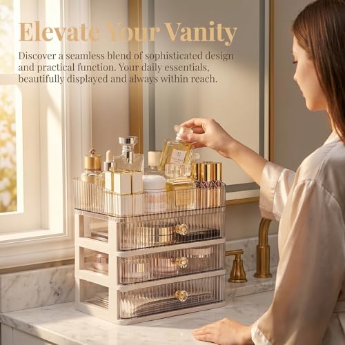 MIUOPUR Makeup Organizer with 3 Drawers, Clear Bathroom Counter Organizer, Skincare Organizer for Vanity Countertop, Cosmetic Display Case, Ideal Choice for Storing Lipsticks, Nail Polishes, Perfumes
