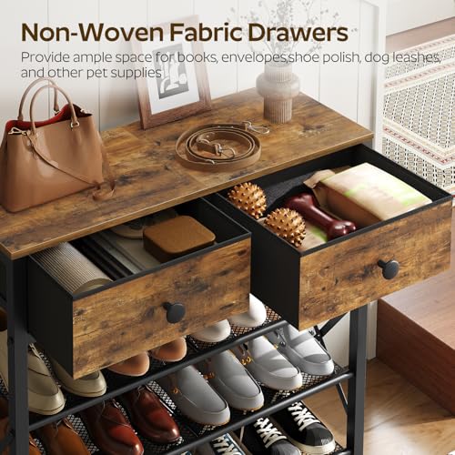YATINEY 4 Tier Shoe Rack, Large Capacity Shoe Storage Organizer, Metal Shoe Shelf with Drawer and Wooden Top, for 16 Pairs of Shoes, for Entryway, Closet, Rustic Brown and Black SS24BR - color: Rustic Brown + Black, size: 27.7" x 10.8" x 29.6"