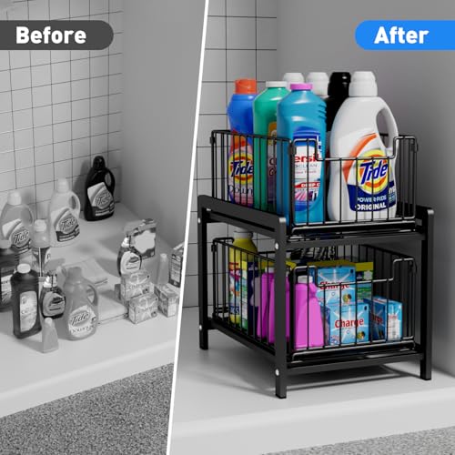 2 Tier Sliding Basket Drawer Organizer, Lxmons Pull Out Under Sink Cabinets Organizers, Metal Home Shelf for Bathroom or Kitchen, Sliding Countertop or Pantry Storage Shelf, Large Black - color: Black