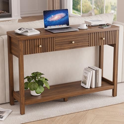 47 Inch Fluted Console Table with Outlets and USB-C Port, Mid Century Modern Sofa Table with 3 Drawers and Open Shelf, Entryway Table with Charging Station for Behind Couch, Hallway, Foyer, Walnut - color: Walnut