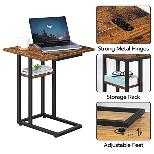 HOOBRO Foldable End Table, C Shaped Side Table with Storage Shelf, Small Snack Table Suitable for Living Room Bedroom Small Spaces, Easy Assembly, Rustic Brown BF29SF01 - color: Rustic Brown + Black