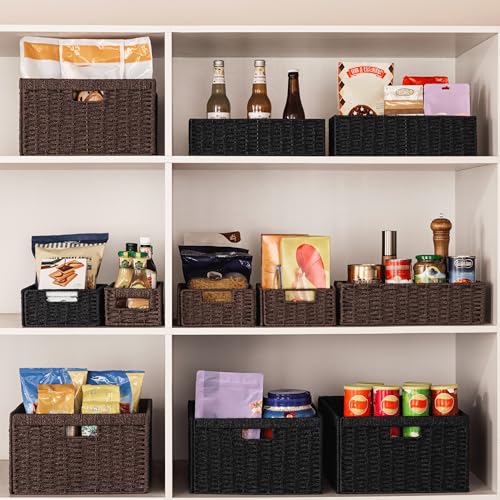 UBBCARE 2 Pack Wicker Basket, 16.5L×13H×7.5W inch Woven Paper Rope Storage Baskets for shelves, Foldable Rectangular Storage Baskets with Handle, Storage Basket for Organizing, Black - color: Black, size: 2pack Large
