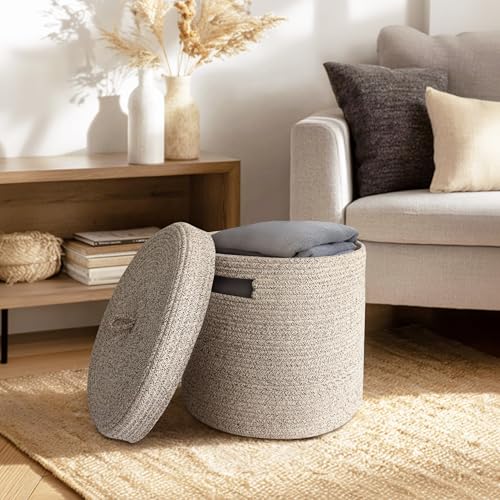Storage Basket with Lid, Woven Blanket Storage for Living Room, Soft Cotton Rope Bin with Lid, Round Wicker Laundry Basket with Cover, Lidded Kids Dog Toy Bin, Nursery Organizer, 15" x 13" - color: Brown
