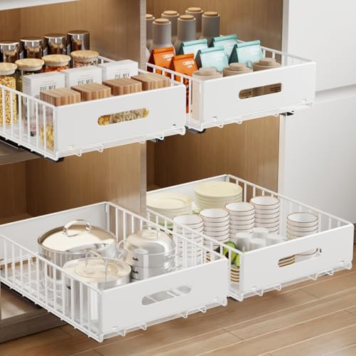 MUSTORN 2 Pack Pull Out Cabinet Organizer, Slide Out Cabinet Drawers Peel and Stick Pull Out Drawers Heavy Duty Pull Out Shelf for Kitchen, Cupboard, Pantry, Bathroom (16.5" D*11.8" W*3.94" H-White) - color: White, size: 16.5"D*11.8"W*3.94"H