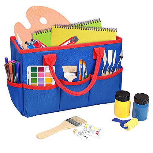 ZKOO Craft Organizer Tote Bag, Art Storage Caddy with Multiple Pockets, Sewing Bag Teacher Bag for Arts, Books, Stationery, Office Desk Organization, Make-up Storage with Handles for Travel (Blue) - color: Blue