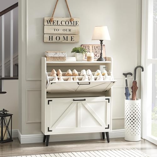 Barnyatoh Shoe Storage Cabinet with 2 Flip Drawers, Farmhouse Hidden Shoe Organizer, Narrow Slim Shoe Rack Cabinet for Entryway Hallway,Antique White - color: Antique White