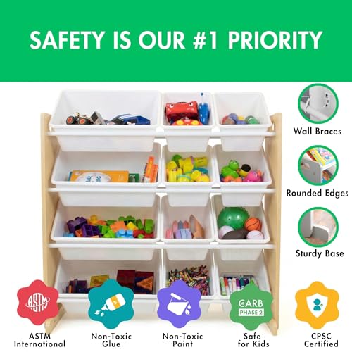 Humble Crew Toy Storage Organizer with 12 Removable Storage Bins for Kids Playroom, 4-Tier Toddler Toy Organization, Natural/White - color: Natural/White