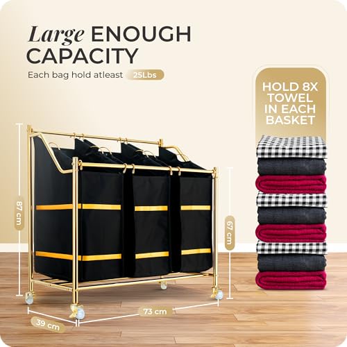 LUXURY STYLE Laundry Hamper, 3-Section Rolling Laundry Sorter Cart with Wheels, Modern Golden Hamper with 3 Bags for Clothes, Toys, and Towels - color: Modern Golden