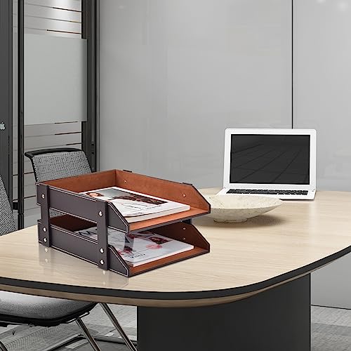 Leather Desk Organizer,2-Tier Stackable Letter Tray Holder,Office Supplies Desktop Storage Box for Document,Stationery,Magazines,Newspapers,Letters and Other Home Office Paper Sundries,Coffee - color: Coffee