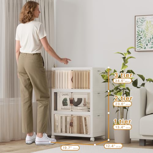 UAMFURI Stackable Storage Bins with Lids 144QT-48QT*3Pack Folding Storage box with Doors and Wheels, Collapsible Plastic Bins Stackable Organizer and Containers for Home, Garage, Office - color: white, size: 3PACK-20"W12"D34"H
