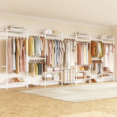 ONBRILL L7 Wall Mounted Industrial Pipe Clothing Rack – Heavy Duty Modular Closet System with 9 Hanging Rods ( 6 Expandable) & 10 Adjustable Shelves, Corner Garment Rack, Large Wardrobe - White - color: White