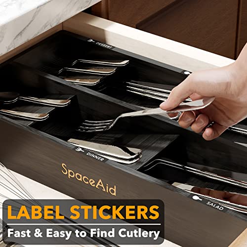 SpaceAid Bamboo Silverware Drawer Organizer with Labels, Kitchen Utensil Tray Holder Organizer for Flatware, Cutlery, Spoon and Knives Drawer Storage Organization (Black, 6 Slots) - color: Black