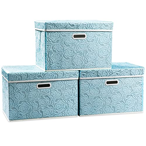 PRANDOM Larger Collapsible Storage Cubes with Lids Fabric Decorative Storage Bins Boxes Organizer Containers Baskets with Cover Handles for Bedroom Closet Living Room Blue 17.7x11.8x11.8 Inch 3 Pack - color: Blue, size: Large(3-Pack)