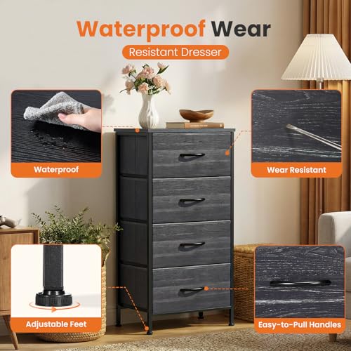 Sweetcrispy Nightstand Small Bedroom Dresser with 4 Fabric Drawers,Bed Side Furniture End Table,Wooden Top Cabinet Night Stand Dresser for Closet,Entryway,Dorm,Black Wood Grain - color: Black Wood Grain, size: 17.7"D x 11.8"W x 37"H (4 Drawers)