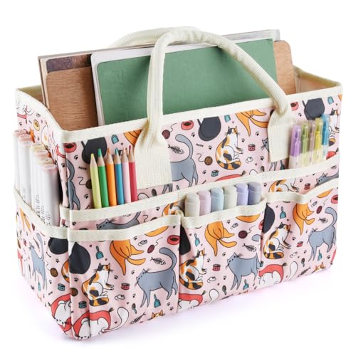 E-WEICHEN Craft Organizer Tote Bag Art Storage Caddy with Multiple Pockets Containers for Art,Craft,and Office Supplies Storage.Pink Cat - color: Pink Cat