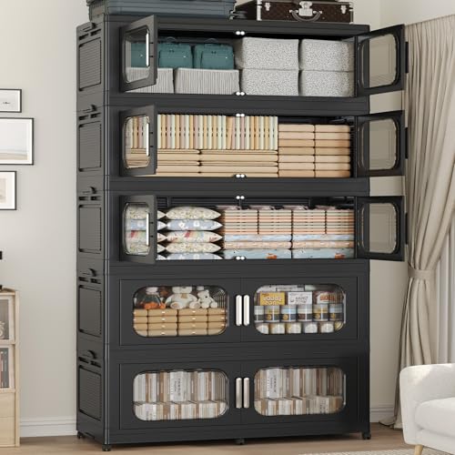 250Gal Extra Large Stackable Storage Bins with Lid & Wheels & Doors, 200QT/50GAL 5-Tiers Collapsible Closet Organizers Plastic Containers Drawers Boxes for Home Kitchen Bedroom, Black - color: Black, size: 50Gal-5Pack