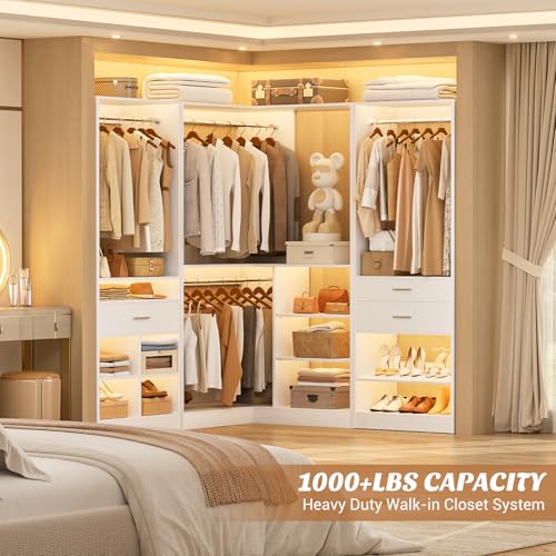 Unikito 86" Corner Closet System, Modular Closets Organizer with 4 Hanging Rods and Storage Shelves, Freestanding Adjustable Wood Clothes Garment Rack with Drawers, Sturdy Walk in Closet Tower, White - color: White, size: 86 Inch