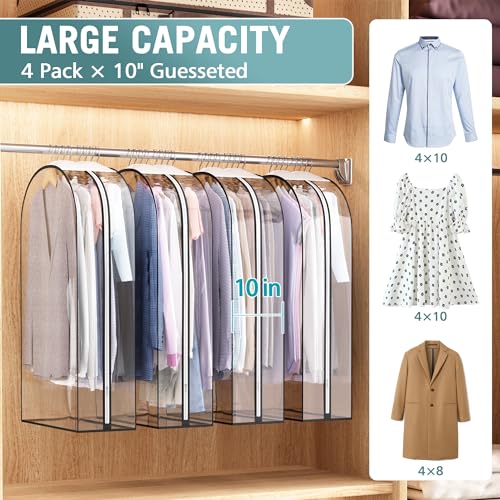Liuoud Clear Garment Bags for Hanging Clothes 10” Gusseted, Suit Bags for Closet Storage, Hanging Plastic Clothes Cover for Coat, Dress, Fur, Shirt, 4 Pack, 40” Long - color: Clear, size: 40 inch