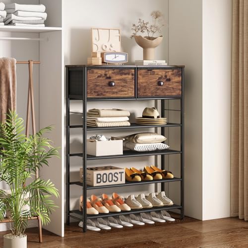 INGIORDAR Shoe Rack Organizer 5 Tier Metal Organizer Shelf with Industrial MDF Board and Layer Fabric for Entryway Closet Bedroom Living Room Garage (Black+Rustic Brown, 5 Tier with 2 Drawers) - color: Black+rustic Brown, size: 5 Tier with 2 Drawers