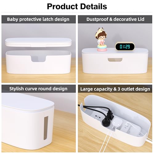 Cable Management Box - Large Cord Organizer Box to Hide Power Strip & Under Desk, TV Computer Wires Cable Organizer Box with Baby Proofs, Desk Cord Organizer for Home/Office - White - color: White