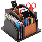DEAYOU Wood Rotating Remote Caddy, Spinning Remote Control Holder for Table, 6-Compartment Wooden Revolving Office Supplies Desktop Storage Organizer for Pen, Pencil, Mail, Desk, Home, Living Room